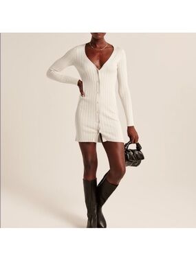 Abercrombie A&F Button-Through Deep V Mini Sweater Dress cream
